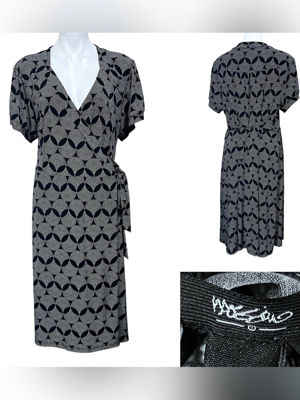 Mossino Wrap-Style Dress plus 20w/22w Black/White Geometric midi office church